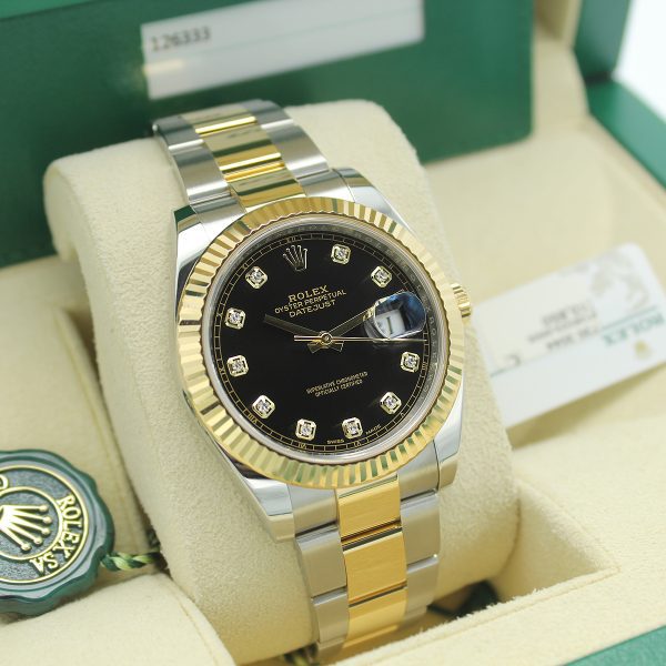 Rolex Datejust 41 126333 Black Diamond Dial left side view in box