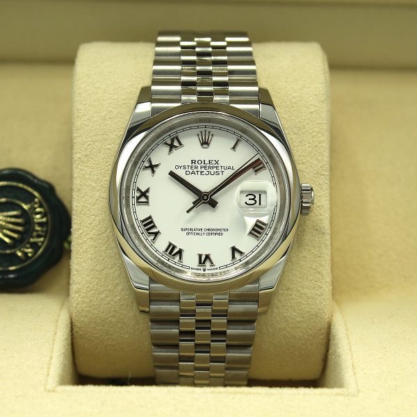 Rolex Datejust 36 126200 White Roman Numeral Dial front view in box