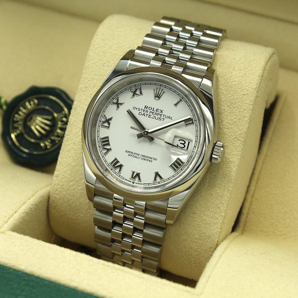 Rolex Datejust 36 126200 White Roman Numeral Dial right side in box