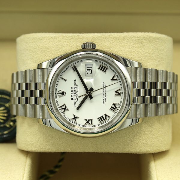 Rolex Datejust 36 126200 White Roman Numeral Dial side view in box