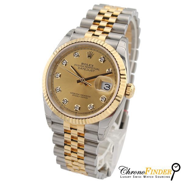 rolex datejust 36 126233 champagne diamond dial jubilee bracelet left side view