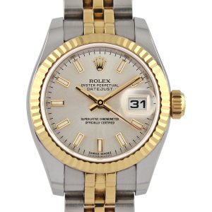 Rolex Lady Datejust 26 179173 Silver Baton Dial Close Up